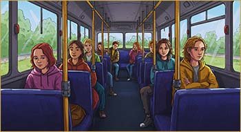 Comic style image of passengers on a bus, used to illustrate Hund's rule of maximum multiplicity.
